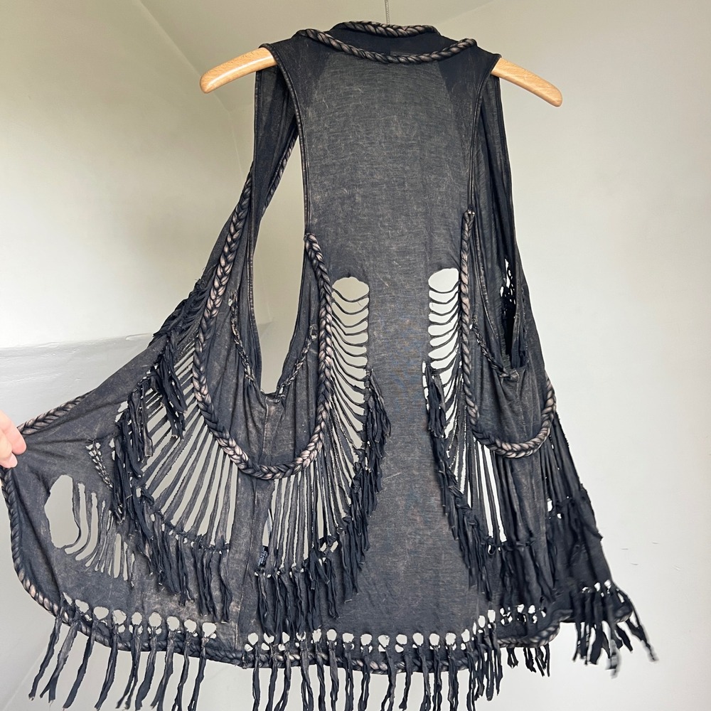 Rock & Roll Cowgirl Vest Large Black Braided Fringe Western Boho Edgy Festival - Picture 14 of 15